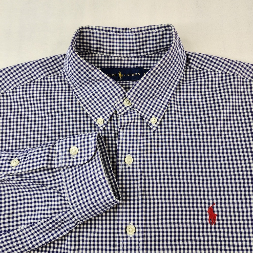 Ralph Lauren Shirt Men Large Gingham Check Purple White Button Down Red Pony L/S